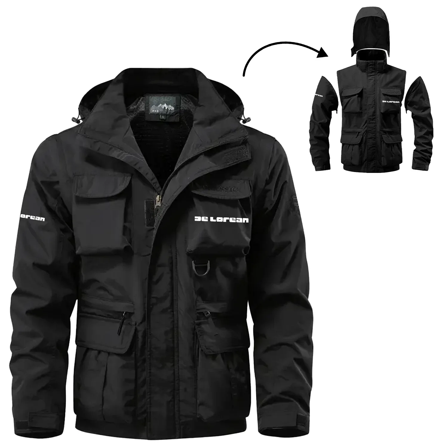 DeLorean Exclusive Waterproof Multi Pocket Jacket Detachable Hood and Sleeves OUFA2MPJ0819DLZ - DeLorean Jacket